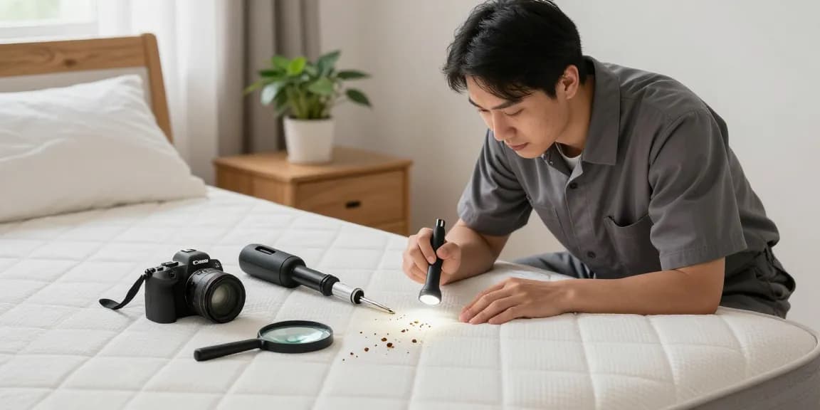 Expert bed bug removal inspection in a cozy bedroom, ensuring thorough treatment.
