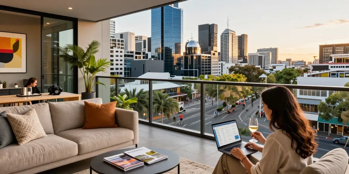 airbnb management melbourne showcasing a stylish apartment with city views and a couple reviewing bookings in Melbourne.