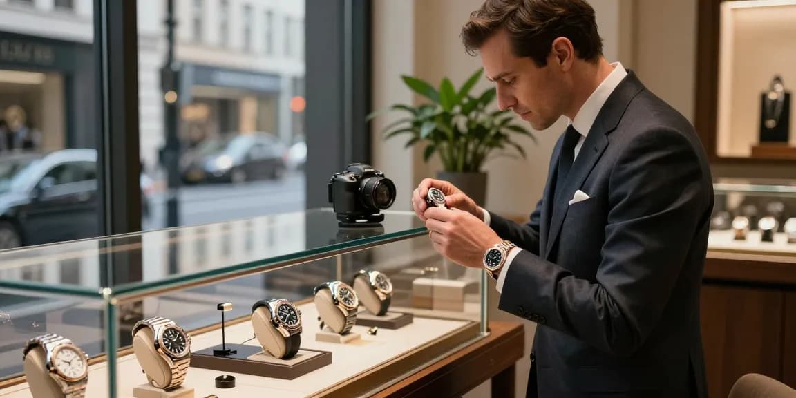 Elegant scene of a watch enthusiast exploring super clone watches in a luxurious boutique.