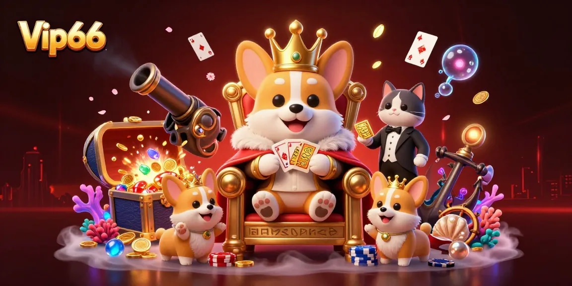 Play exciting games at Vip66 with a royal corgi on a throne surrounded by treasures and vibrant graphics.