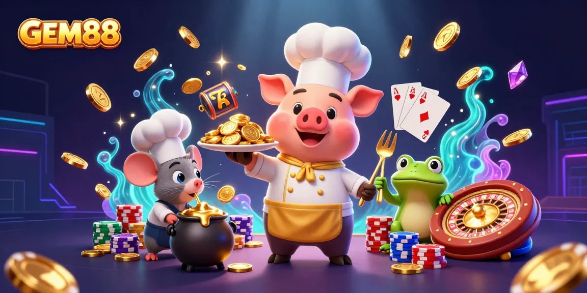 Experience the excitement of GEM88 with a vibrant casino scene filled with gold coins and slot machines.