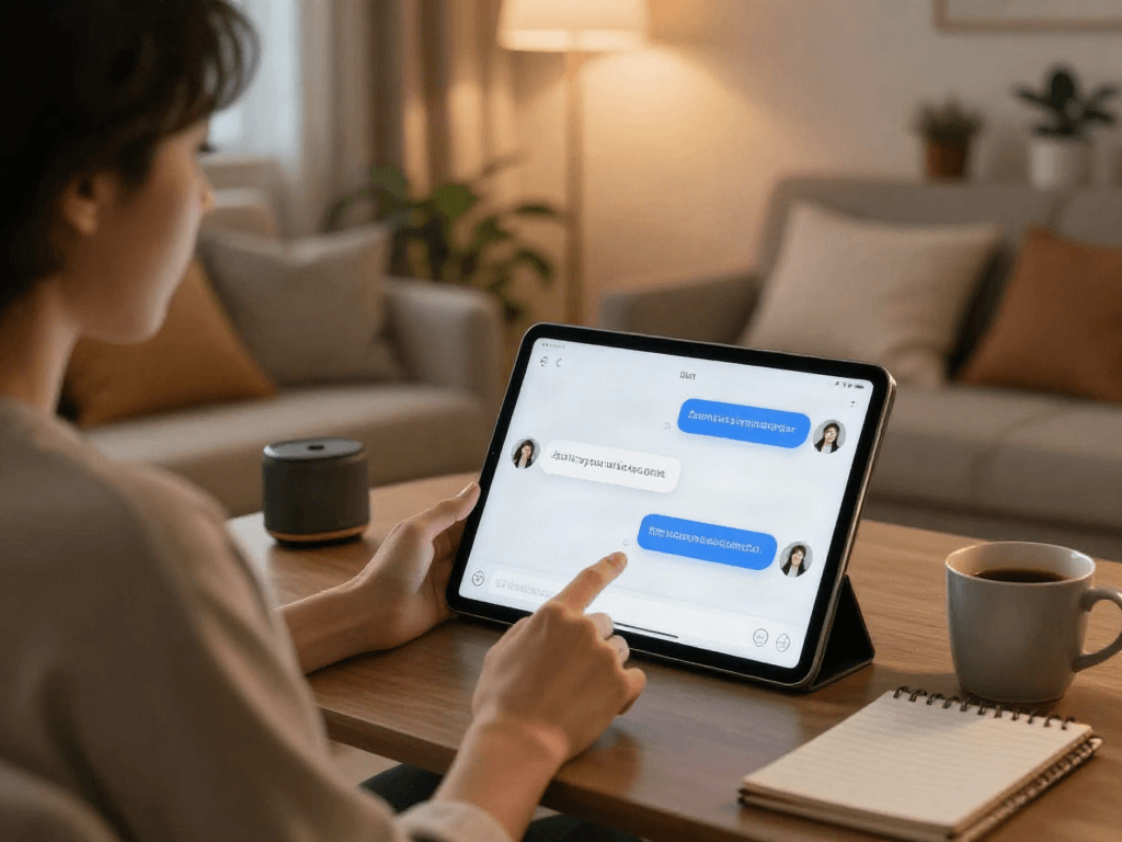 Engaging porn AI chat interaction in a cozy home environment with user on tablet.