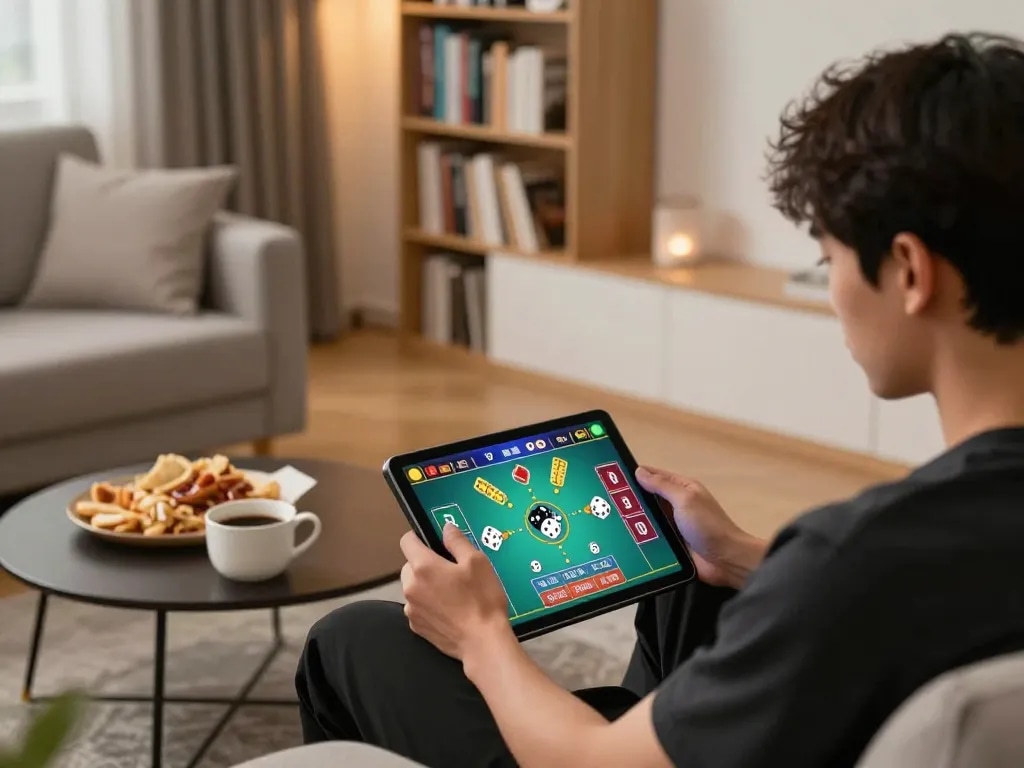 Cách chơi Sicbo in action with a player focused on online gaming interface, capturing the thrill of virtual dice betting