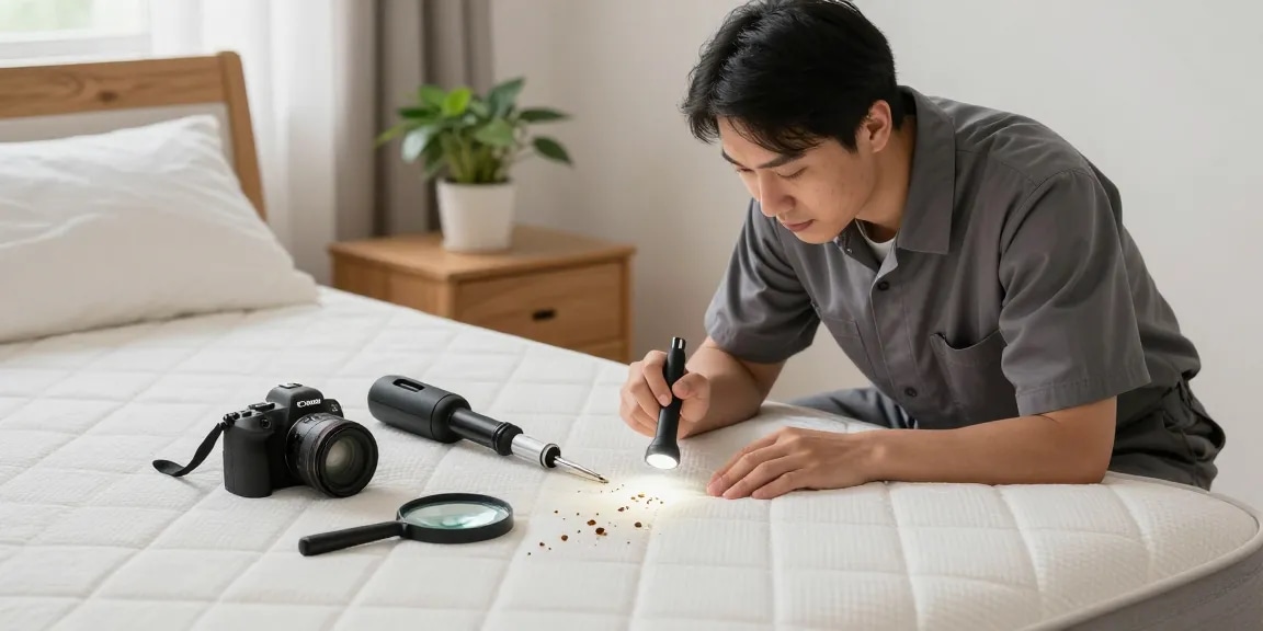 Expert bed bug removal inspection in a cozy bedroom, ensuring thorough treatment.