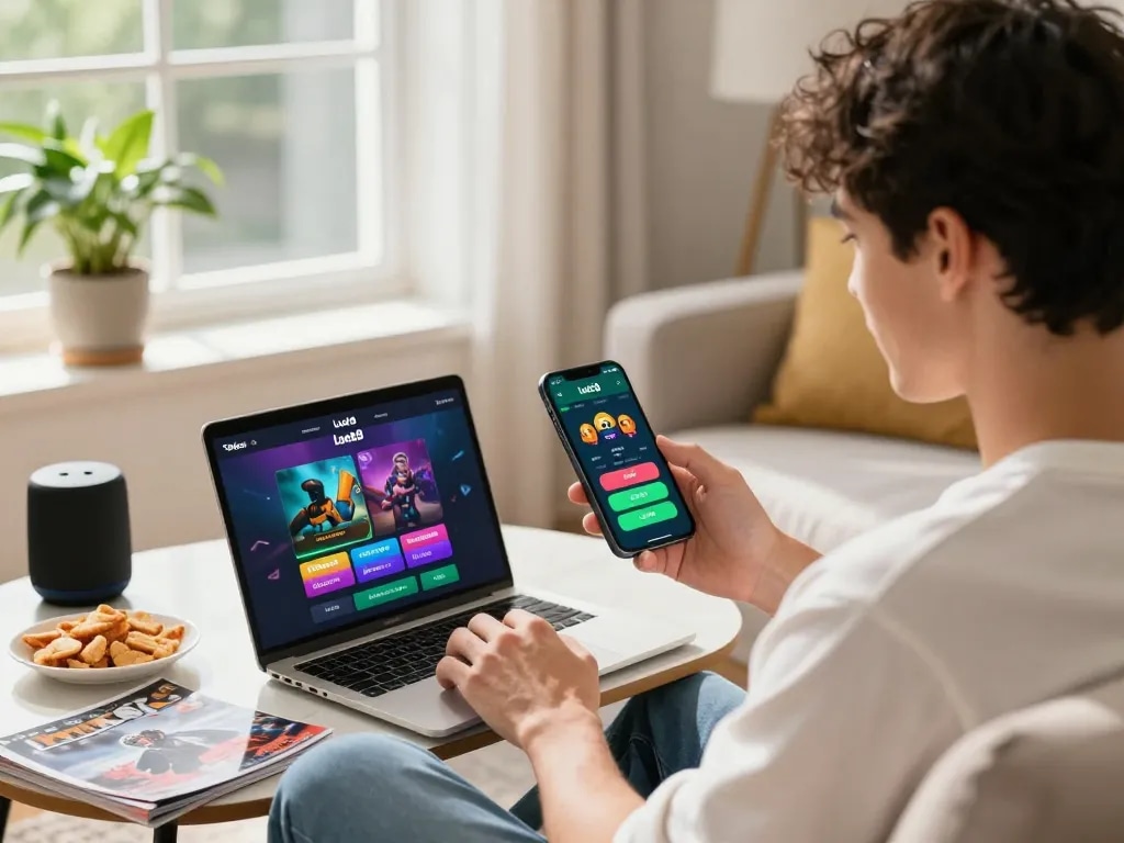 Tải app Luck8 for seamless gaming experience at home with smartphone and laptop in vibrant living room.