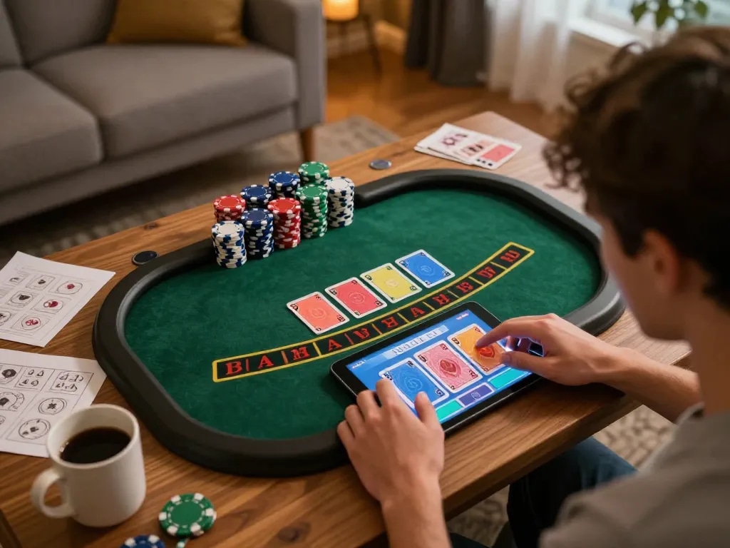 Player engaging in an interactive 8kbet blackjack game at home, showcasing excitement and strategy.