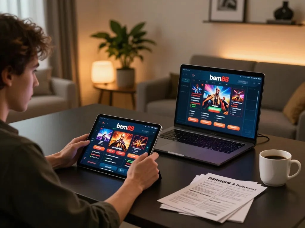 Engaging player using bem88 casino app on tablet, showcasing a modern gaming setup.