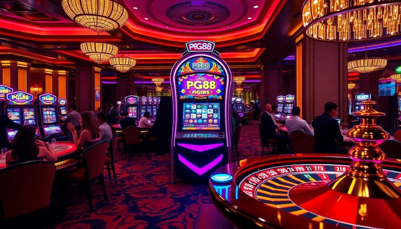 Players enjoying a thrilling experience at the PG88 casino, highlighting vibrant slot machines.