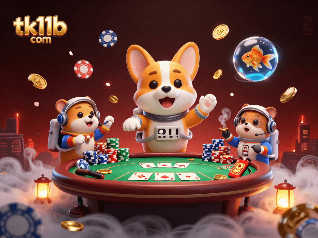 Win at tk11b com with a floating 3D astronaut corgi casino scene featuring poker elements and colorful coins.
