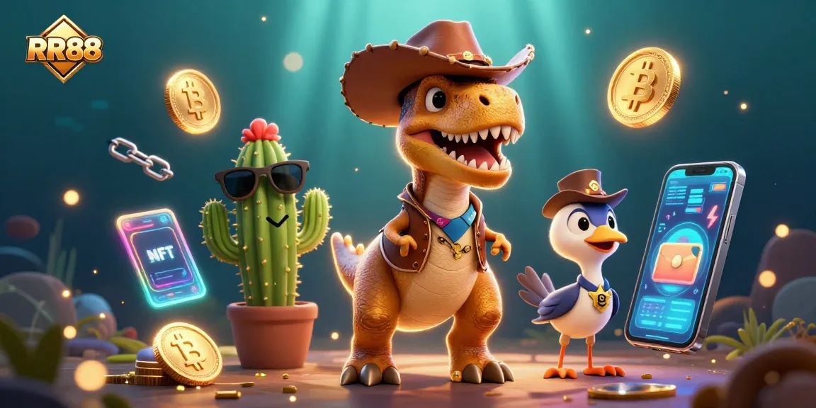 Join RR88 for thrilling jackpots with a dynamic scene featuring a T-Rex, cactus sidekick, and digital gaming elements.
