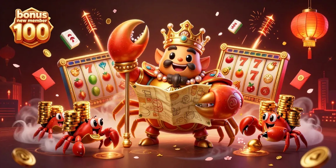 Menangkan bonus new member 100 dengan ilustrasi kartun 3D krustasea emas di kasino
