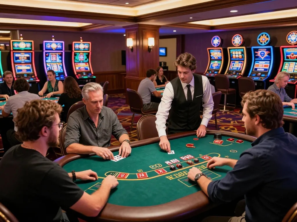 Players strategizing at a blackjack table in an upscale casino setting featuring mb668.