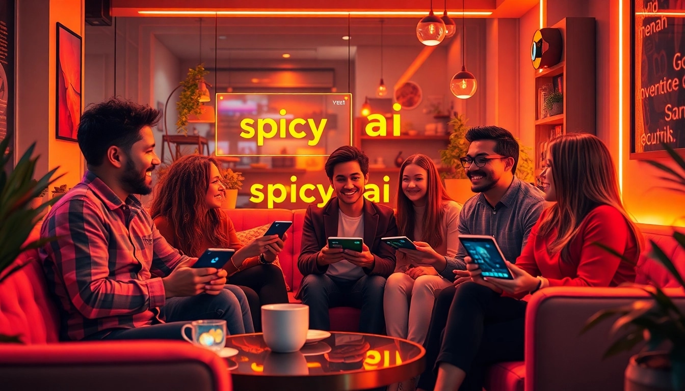 Engaging scene of users interacting with spicy AI chatbots in a modern café setting.