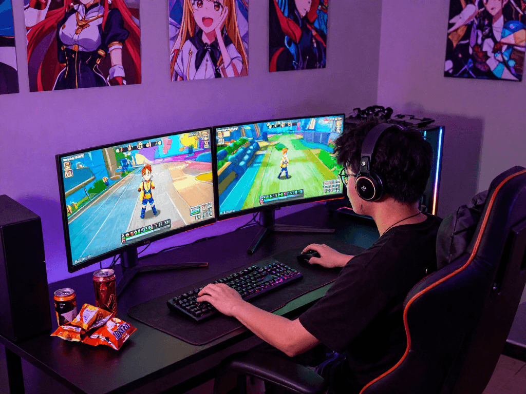 Engaging gamer playing a hentai game with vibrant RGB setup and anime visuals.