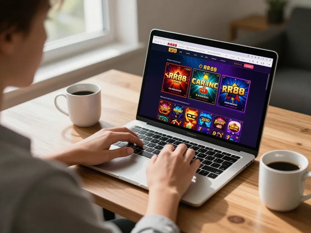 Play at RR88 with engaging games displayed on a laptop in a cozy home setting.