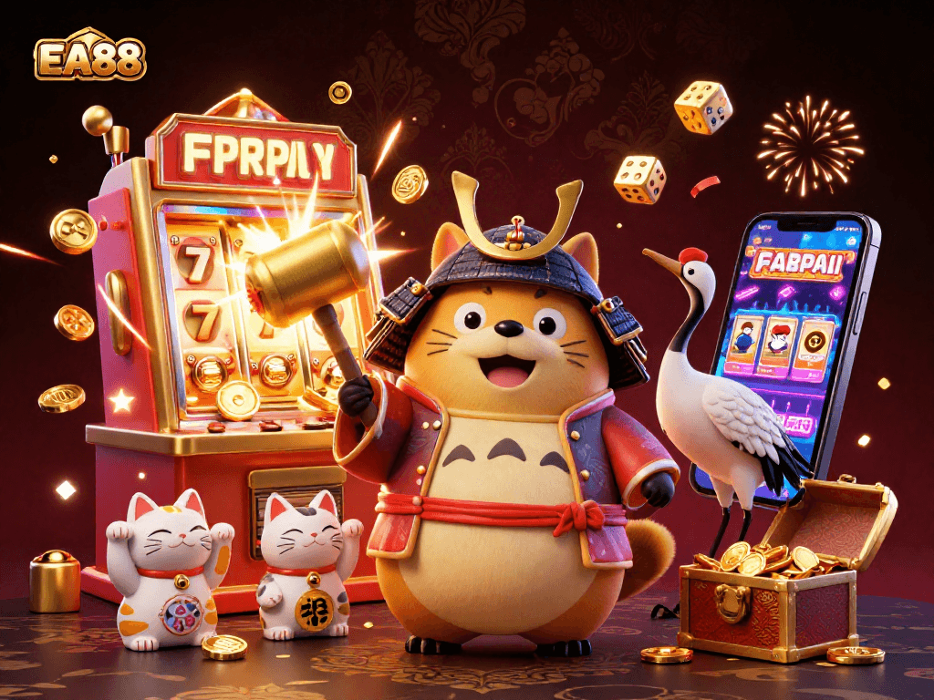 Experience the thrill of EA88 with a vibrant illustration featuring a lucky tanuki and casino games.