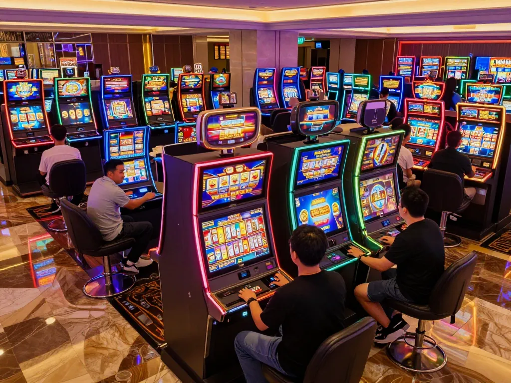 Engaging slot machines area in a Malaysian casino showcasing vibrant gameplay, Slot Malaysia excitement.