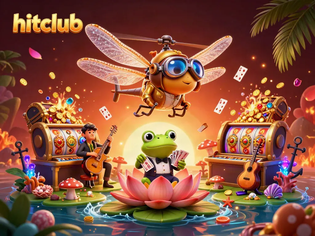 Experience gaming excitement at hitclub with a lively scene of a dragonfly pilot and frog dealer amidst colorful casino elements.