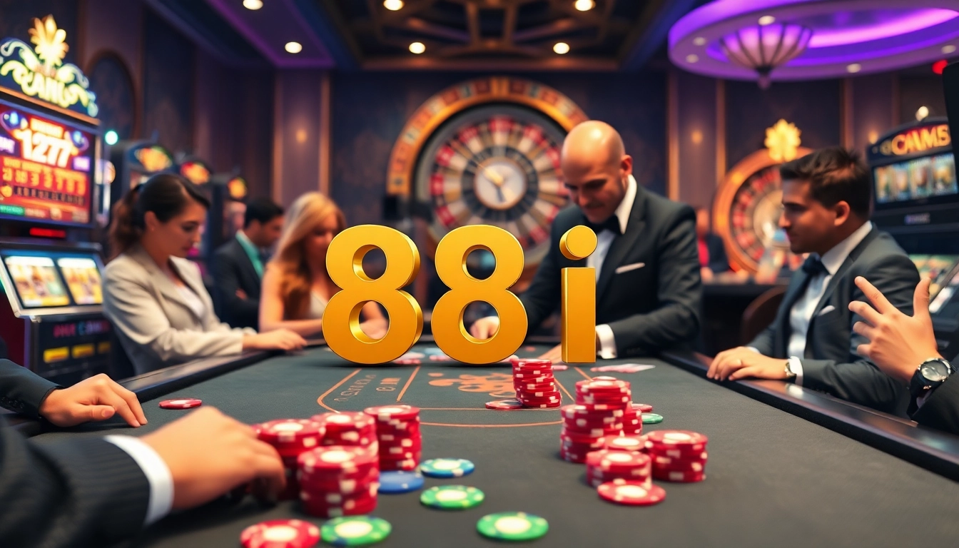 Players analyzing strategies at the 88i poker table in a luxurious casino setting.