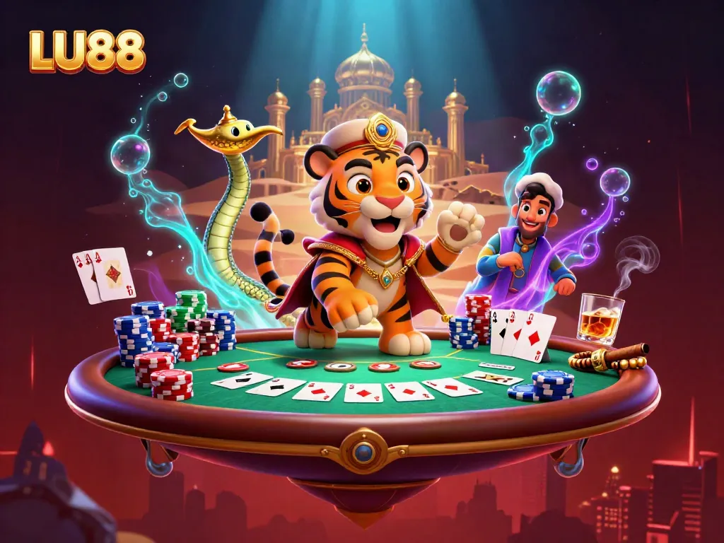 Experience the thrill of LU88 with a captivating scene featuring a regal tiger sultan amidst vibrant gambling elements.