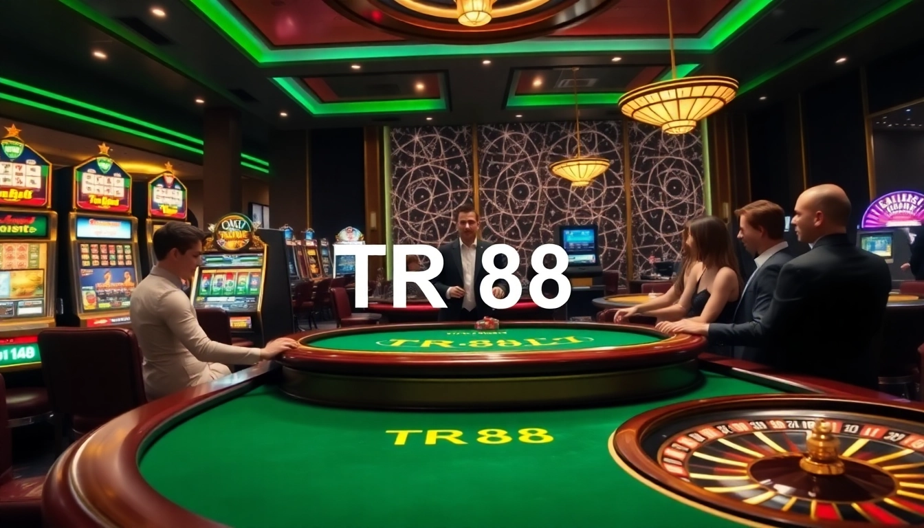 Players engaged in intense poker action at a TR88-themed casino table, showcasing luxury and excitement.