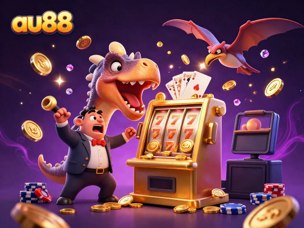 Watch as au88 brings excitement with a dinosaur winning on a slot machine in a vibrant casino scene.