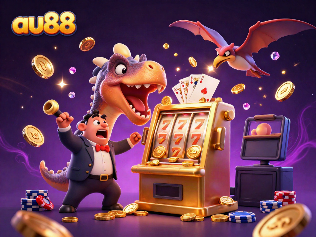 Watch as au88 brings excitement with a dinosaur winning on a slot machine in a vibrant casino scene.