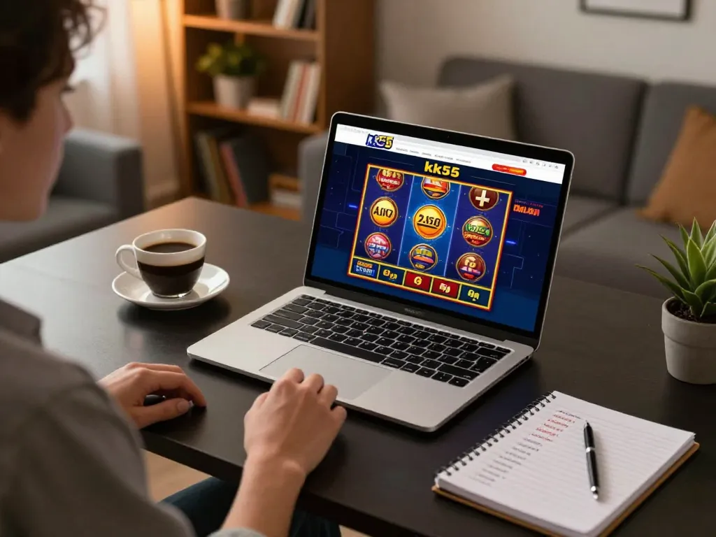 Engaged player enjoying an online casino experience at kk55, showcasing vibrant gaming options and cozy setup.