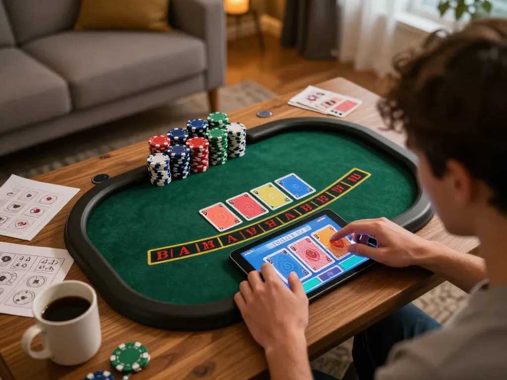 Player engaging in an interactive 8kbet blackjack game at home, showcasing excitement and strategy.