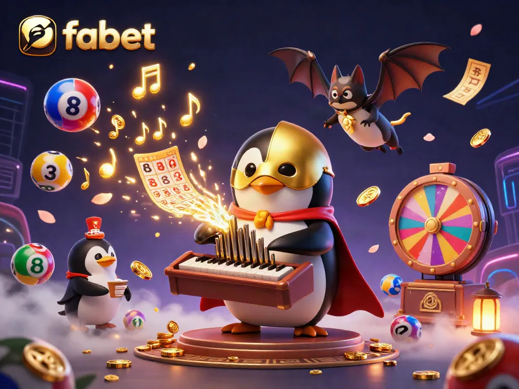 Experience fabet's thrill as the phantom penguin plays, surrounded by vibrant lottery elements and golden coins.