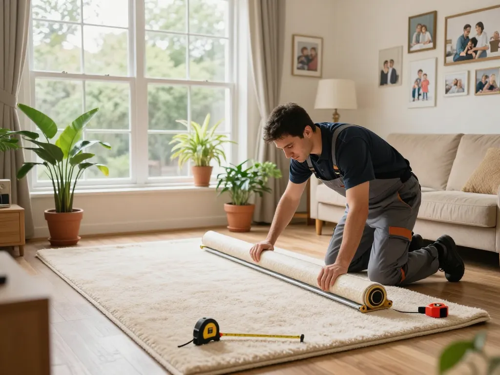 Professional carpet fitters near me installing plush carpet in a cozy living room.