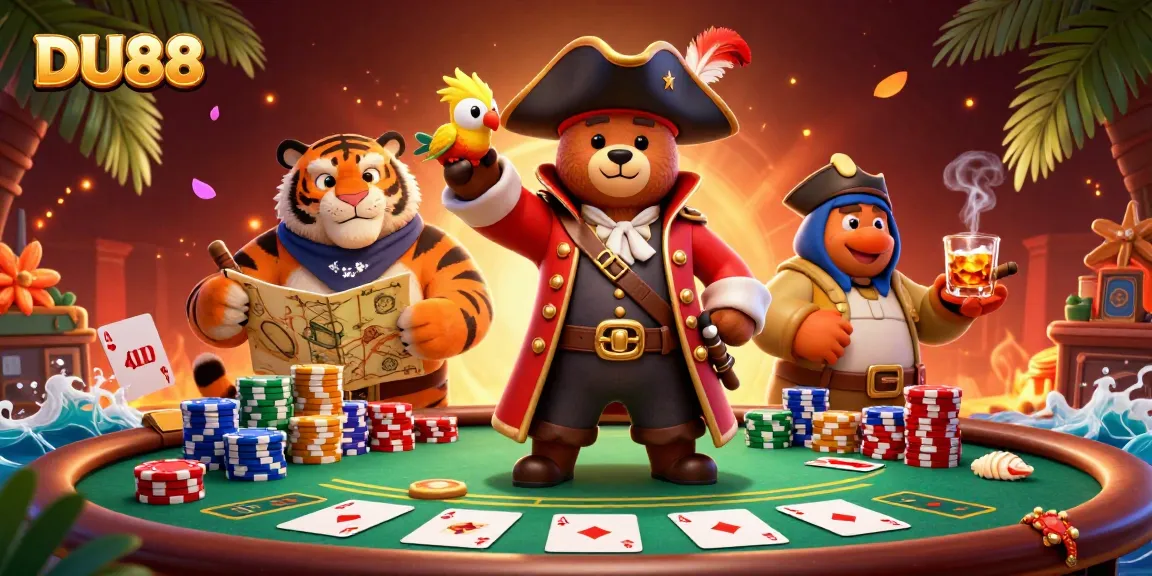 Engage with DU88 at a vibrant poker scene featuring a pirate bear and his tiger first mate.