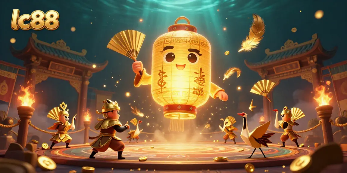Engage with lc88's vibrant casino experience featuring a glowing lantern spirit and warriors.