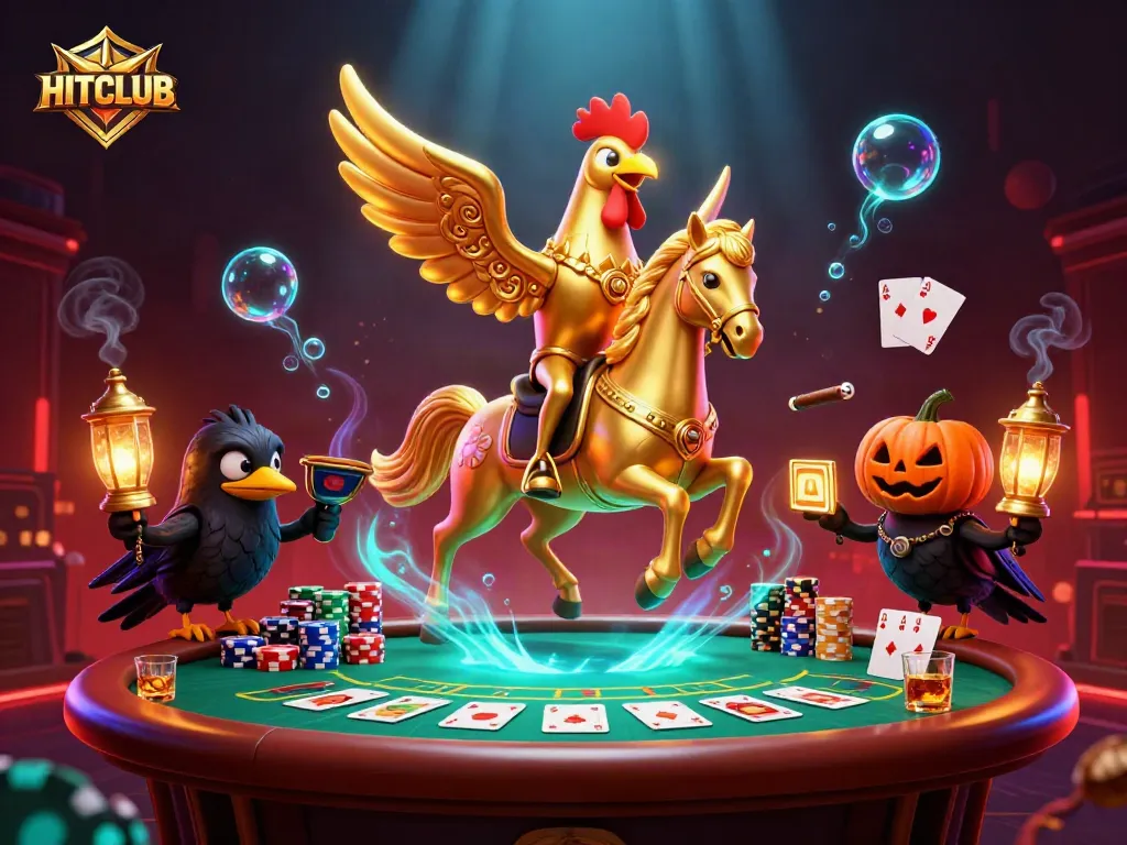 Experience the excitement of HITCLUB as a golden rooster explores a mystical casino environment amidst poker excitement.