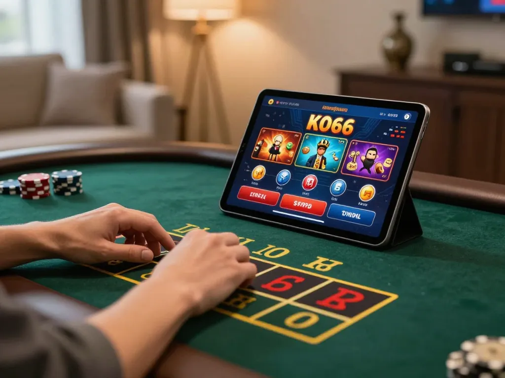 Player engaging in exciting KO66 mobile casino gameplay at home, showcasing user-friendly interface.