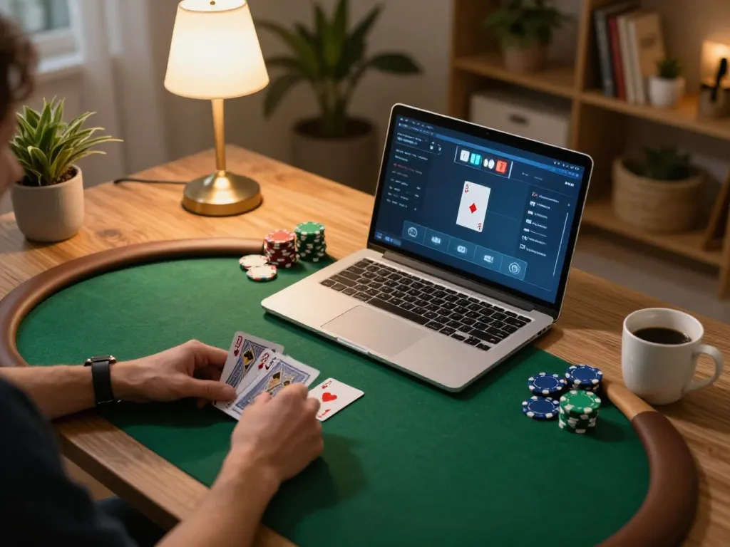 Player strategically betting in an online poker game on https://vmax99.vip/ at home, showcasing an engaging gaming setup.