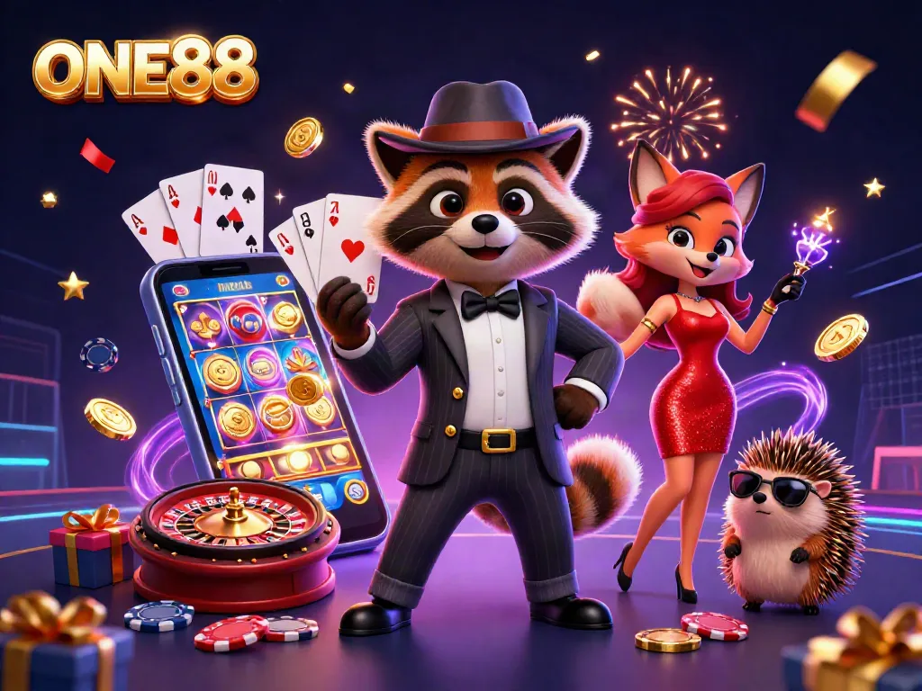 ONE88 raccoon and fox enjoying a colorful slot game atmosphere in vibrant casino art.