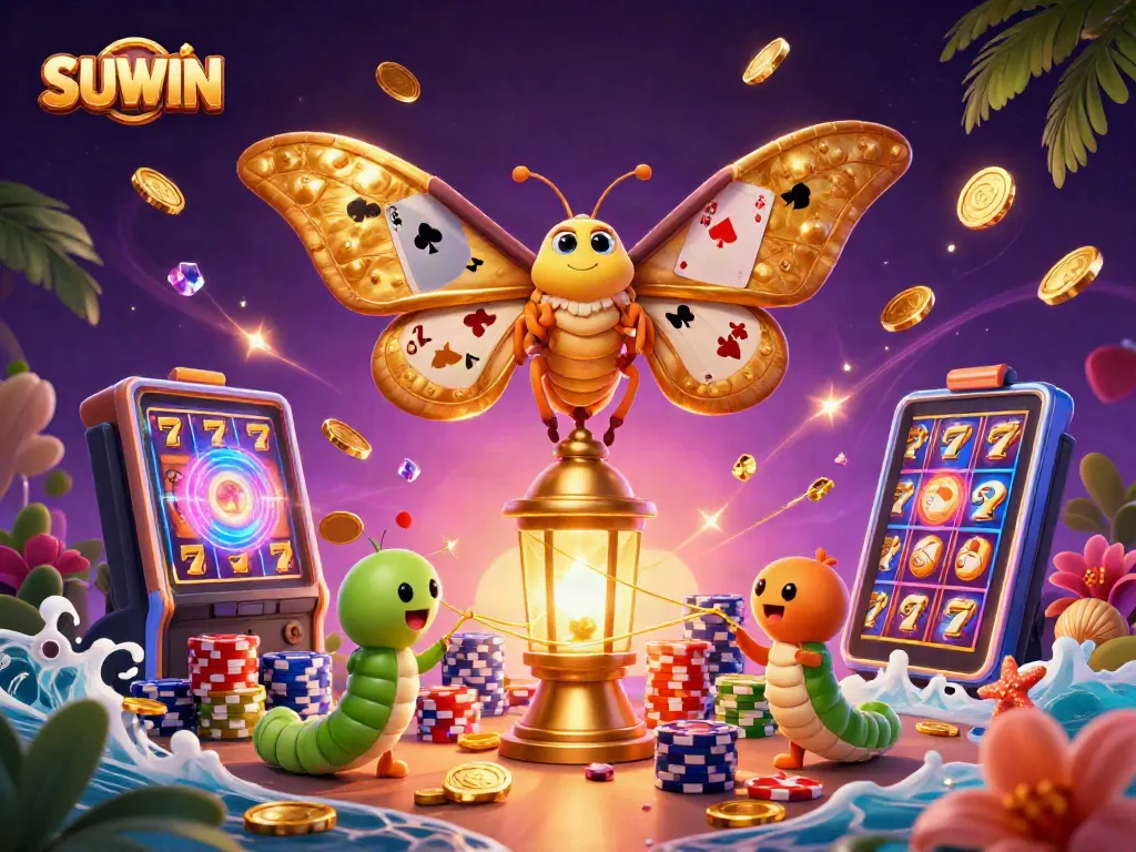 Suwin captivates with 3D slot machine imagery, vibrant player experiences, and golden highlights.