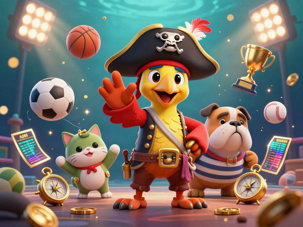 Engage with QQ88's dynamic sports betting scene, showcasing a pirate captain and friends amidst sports elements.