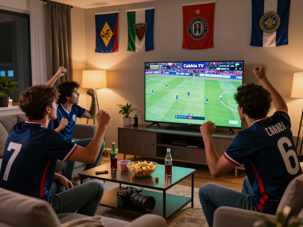 Exciting sports streaming scene featuring fans enjoying Cakhia TV during a live match with snacks and team flags.