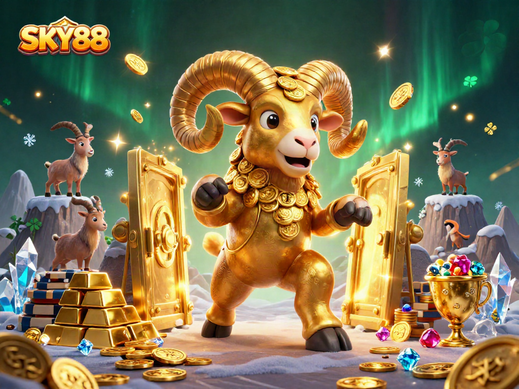 Experience thrilling gameplay with SKY88's golden elements and rich casino treasures in a captivating 3D illustration.