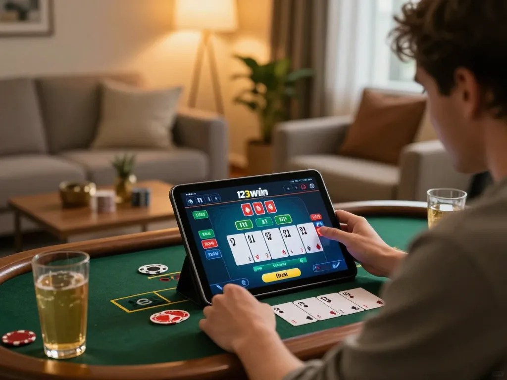 123win player engaging in live dealer blackjack on tablet in cozy home setting, showcasing modern online gaming.