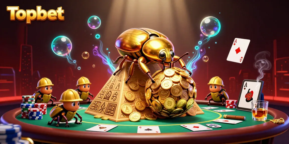 Experience thrilling gameplay with Topbet as a massive golden dung beetle rolls coins, surrounded by a dynamic casino scene.