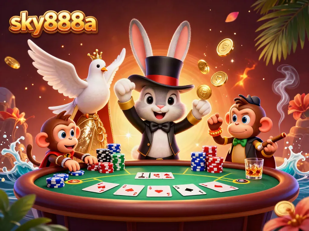 Experience thrilling gaming action at sky888a with a magician pulling coins and playful casino elements.