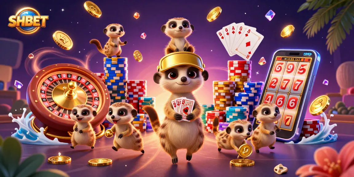 SHBET meerkats managing a colorful casino with animated elements and dynamic energy.