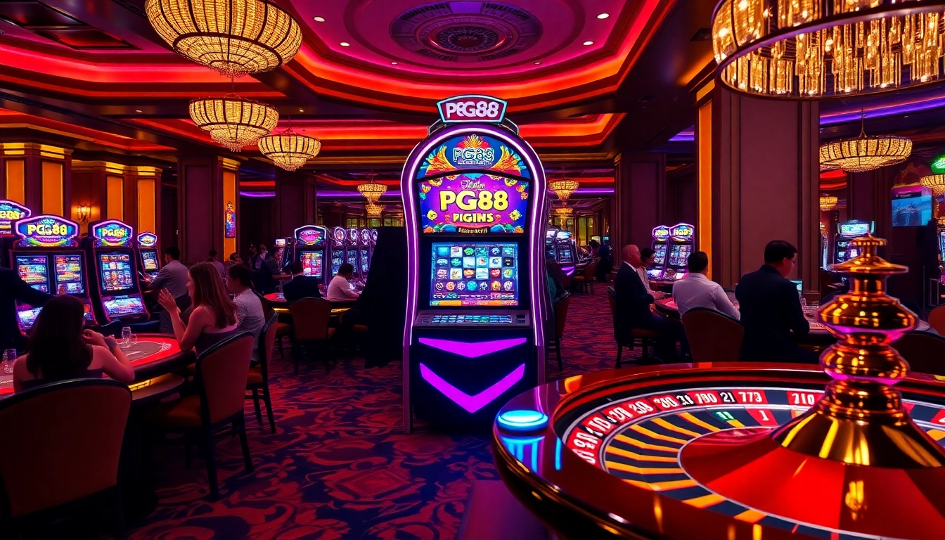 Players enjoying a thrilling experience at the PG88 casino, highlighting vibrant slot machines.