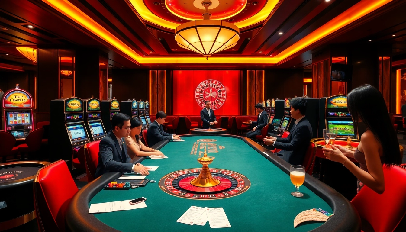 Experience the excitement of 8kbet in a luxurious casino atmosphere filled with stylish tables and vibrant gaming.