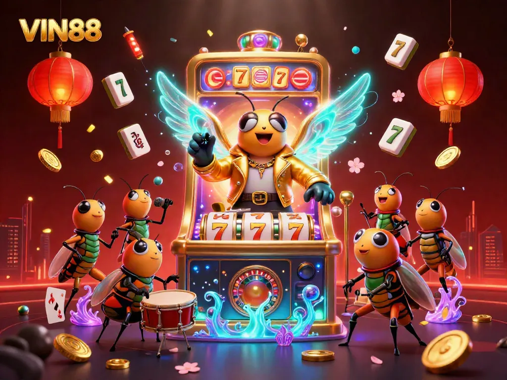 Experience thrilling gameplay at VIN88 with vibrant slot machines and animated characters in a colorful casino scene.