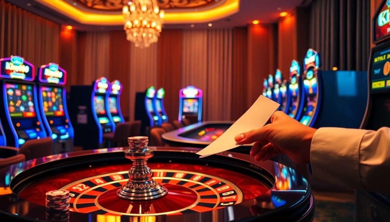 Experience the excitement of king88 with vibrant casino gaming elements like roulette wheels and slot machines.
