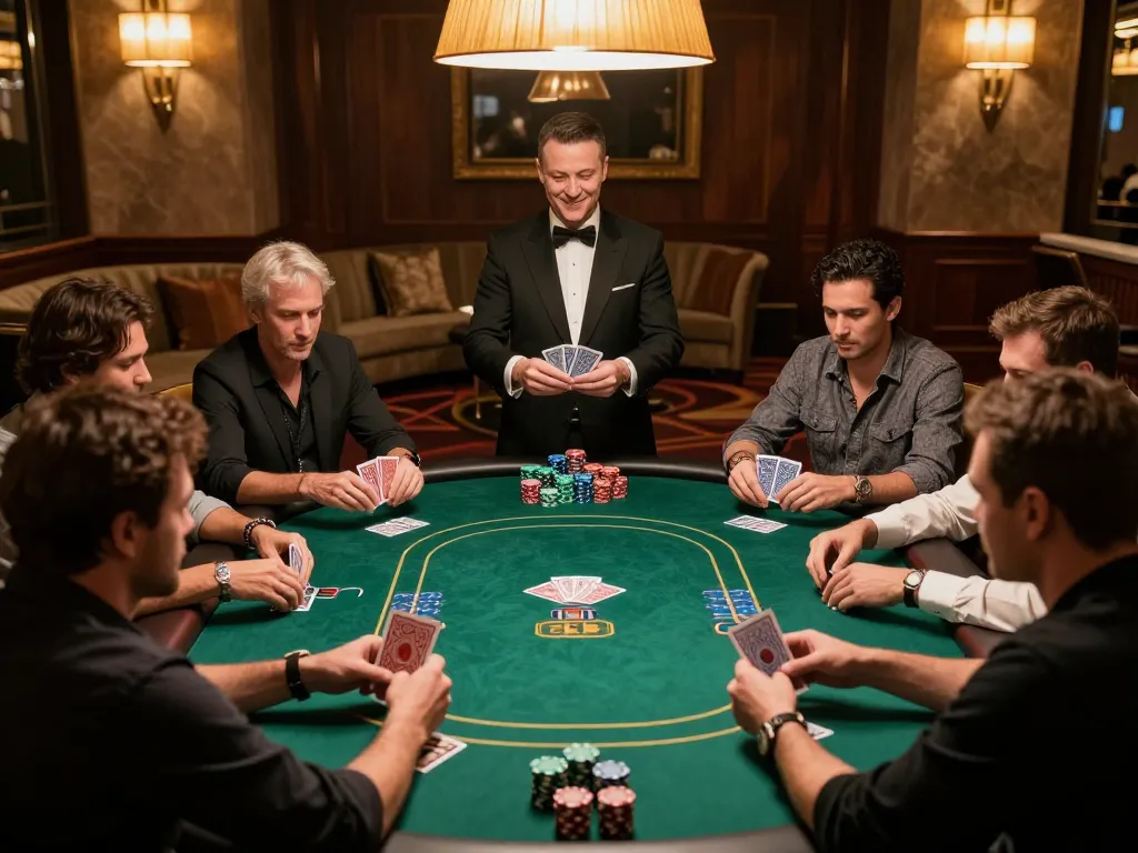 Players enjoying a live poker game at 678vip, strategizing and placing bets in a luxurious high-roller room.
